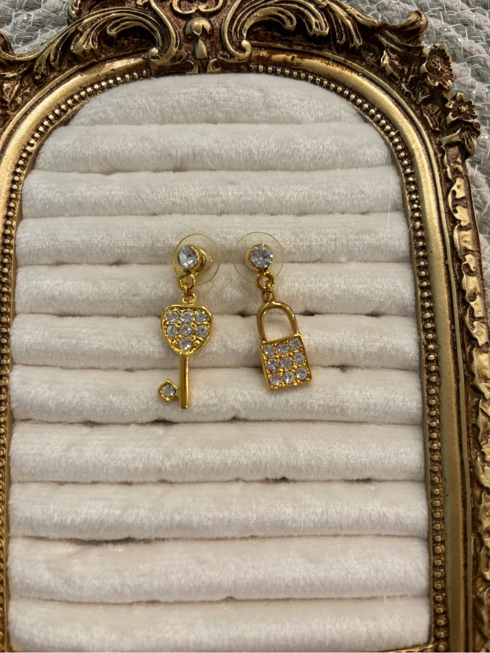 Gold Key & Padlock Crystal Drop Earrings for Women